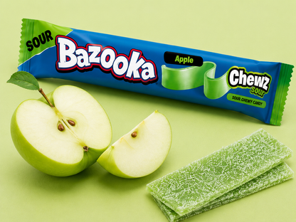 Bazooka Sour Chewz Apple chewy candy bar with fresh green apple slices and sour apple candy strips.