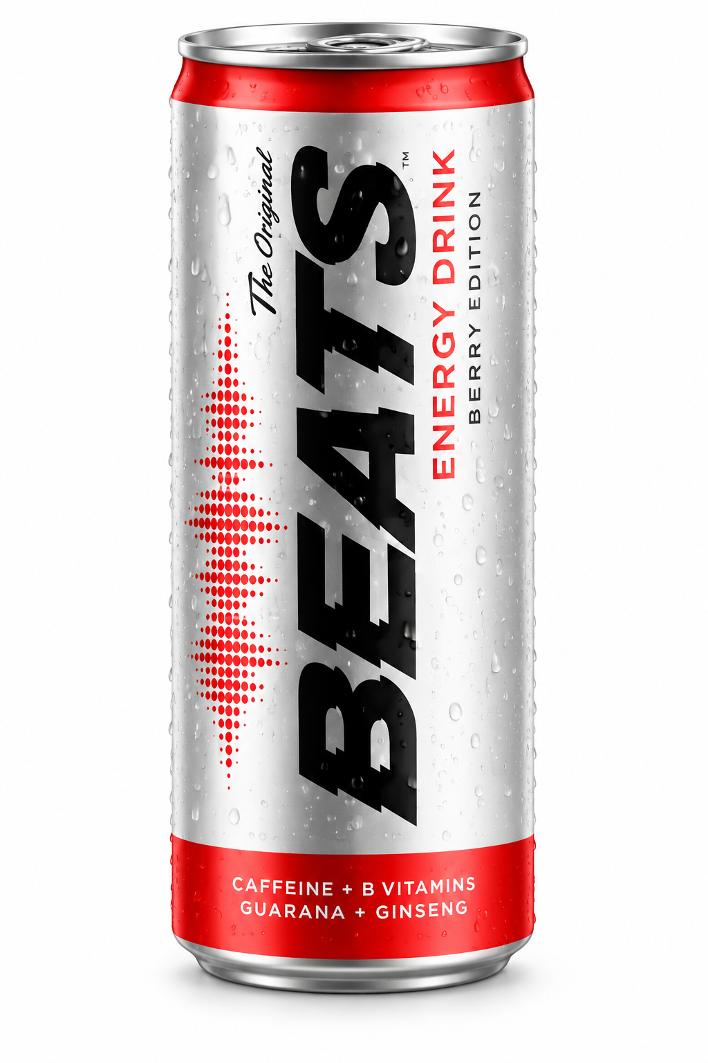 BEATS Berry Edition energy drink can with silver packaging, red accents and black branding on a white background.