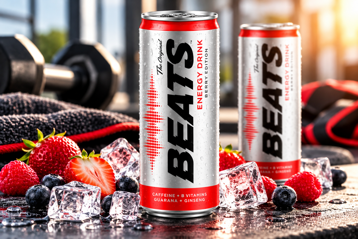 BEATS Berry Edition energy drink can displayed with berries, ice and gym accessories on a dark textured surface.