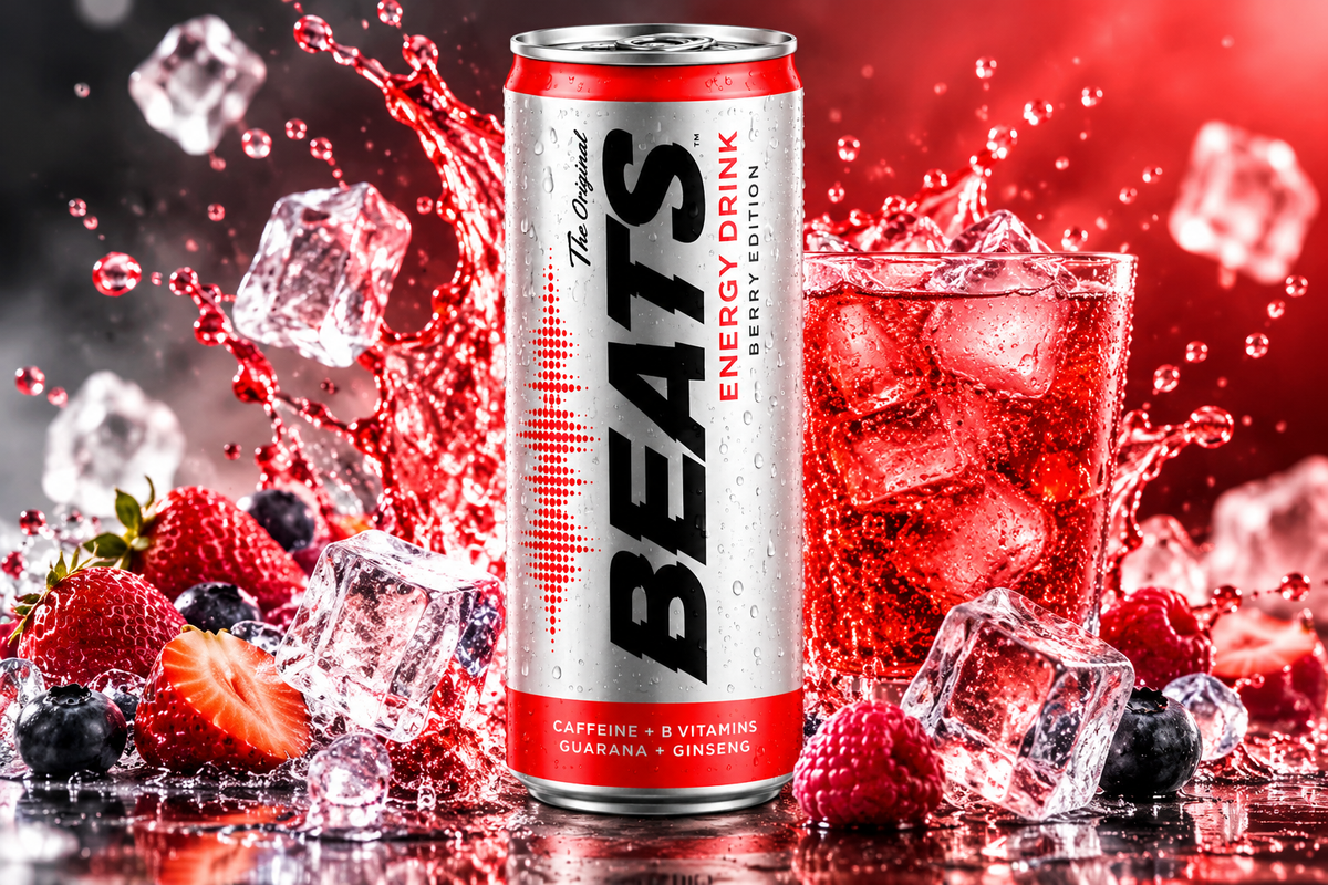 BEATS Berry Edition energy drink can surrounded by red liquid splashes, ice cubes and fresh berries