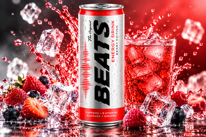 BEATS Berry Edition energy drink can surrounded by red liquid splashes, ice cubes and fresh berries