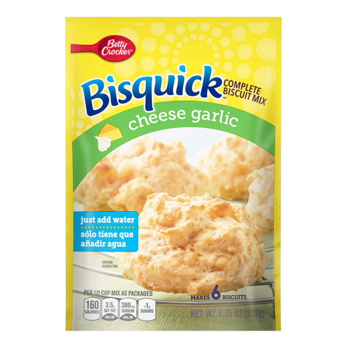 Bisquick Cheese Garlic Complete Biscuit Mix with image of golden, fluffy biscuits