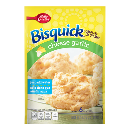 Bisquick Cheese Garlic Complete Biscuit Mix with image of golden, fluffy biscuits