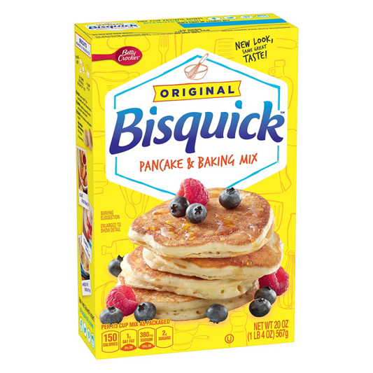 Bisquick Pancake & Baking Mix 20 oz with image of fluffy pancakes