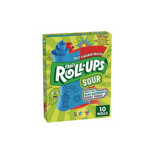 Box of BC Fruit Roll-Ups Sour (Canadian version) with individually wrapped sour fruit-flavoured snack rolls.