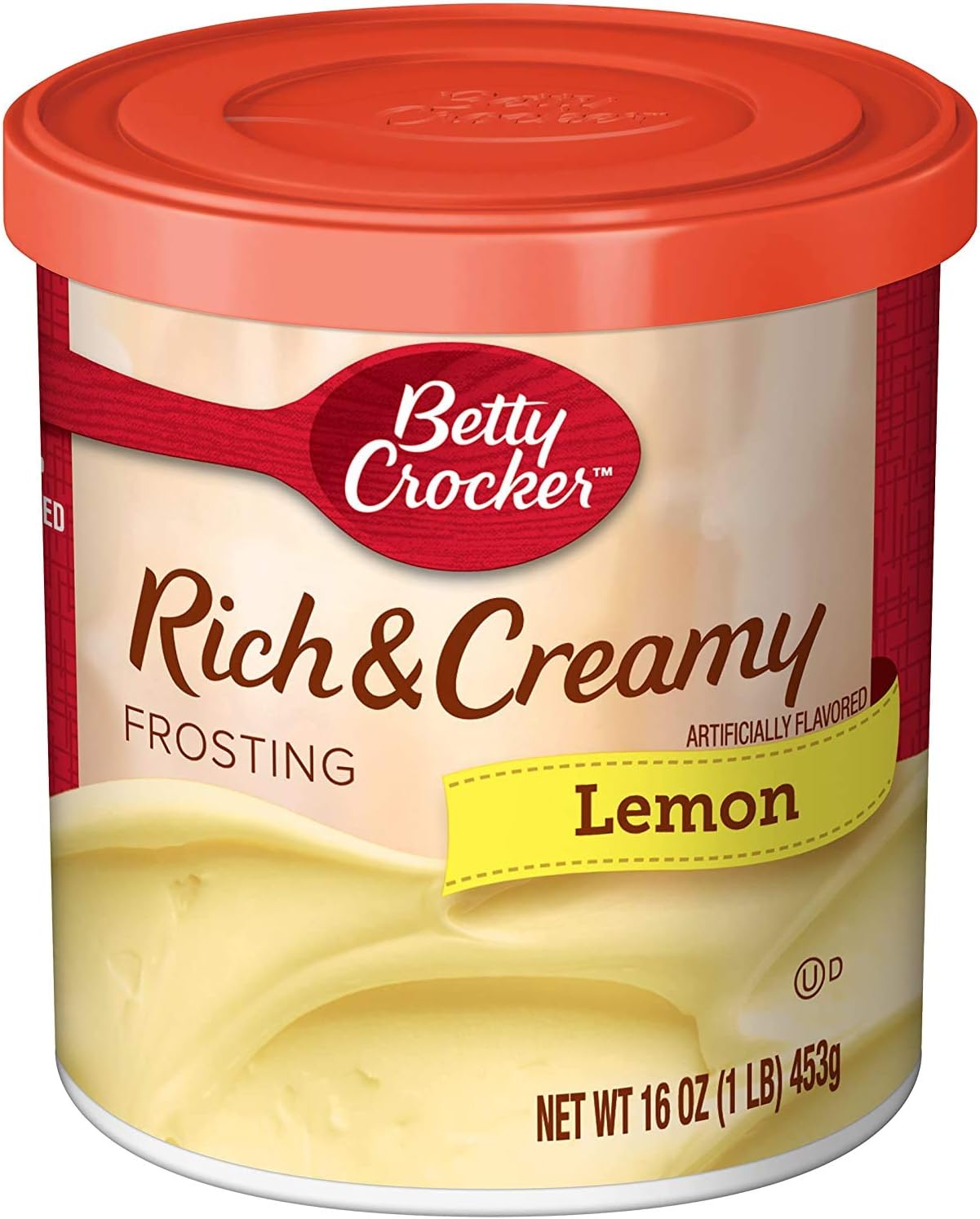 A jar of Betty Crocker Lemon Frosting (453g), featuring a bright yellow frosting with a smooth texture, perfect for adding a tangy and sweet lemon flavor to cakes, cupcakes, and desserts.