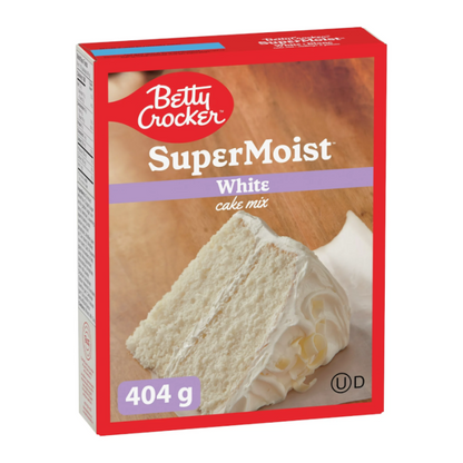Betty Crocker Super Moist White Cake Mix 404 g packaging for cakes and cupcakes