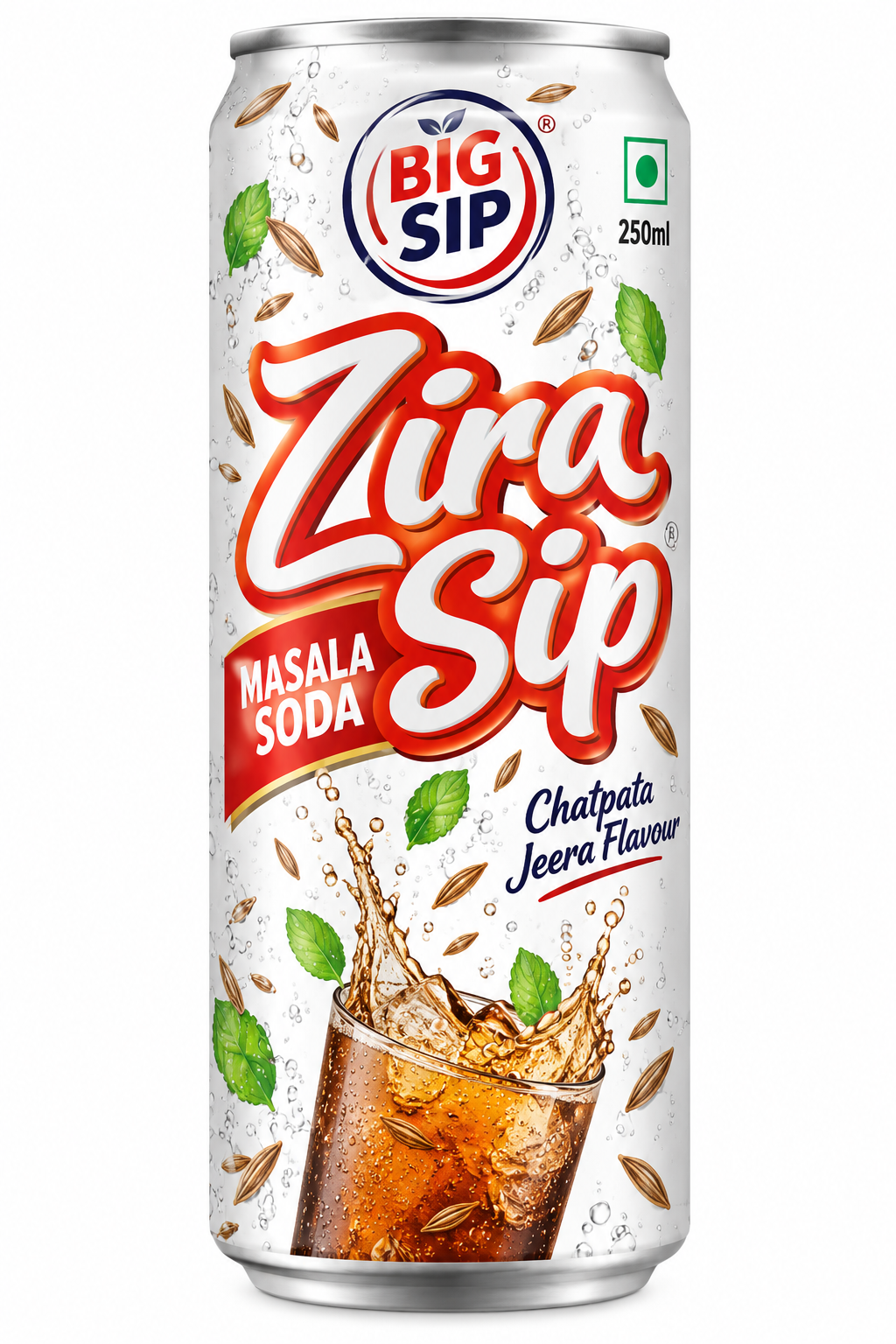 Big Sip Zira Masala Soda 250ml can featuring white packaging, red and blue Zira Sip branding, cumin seeds, green mint leaves, and a sparkling brown masala soda drink illustration.