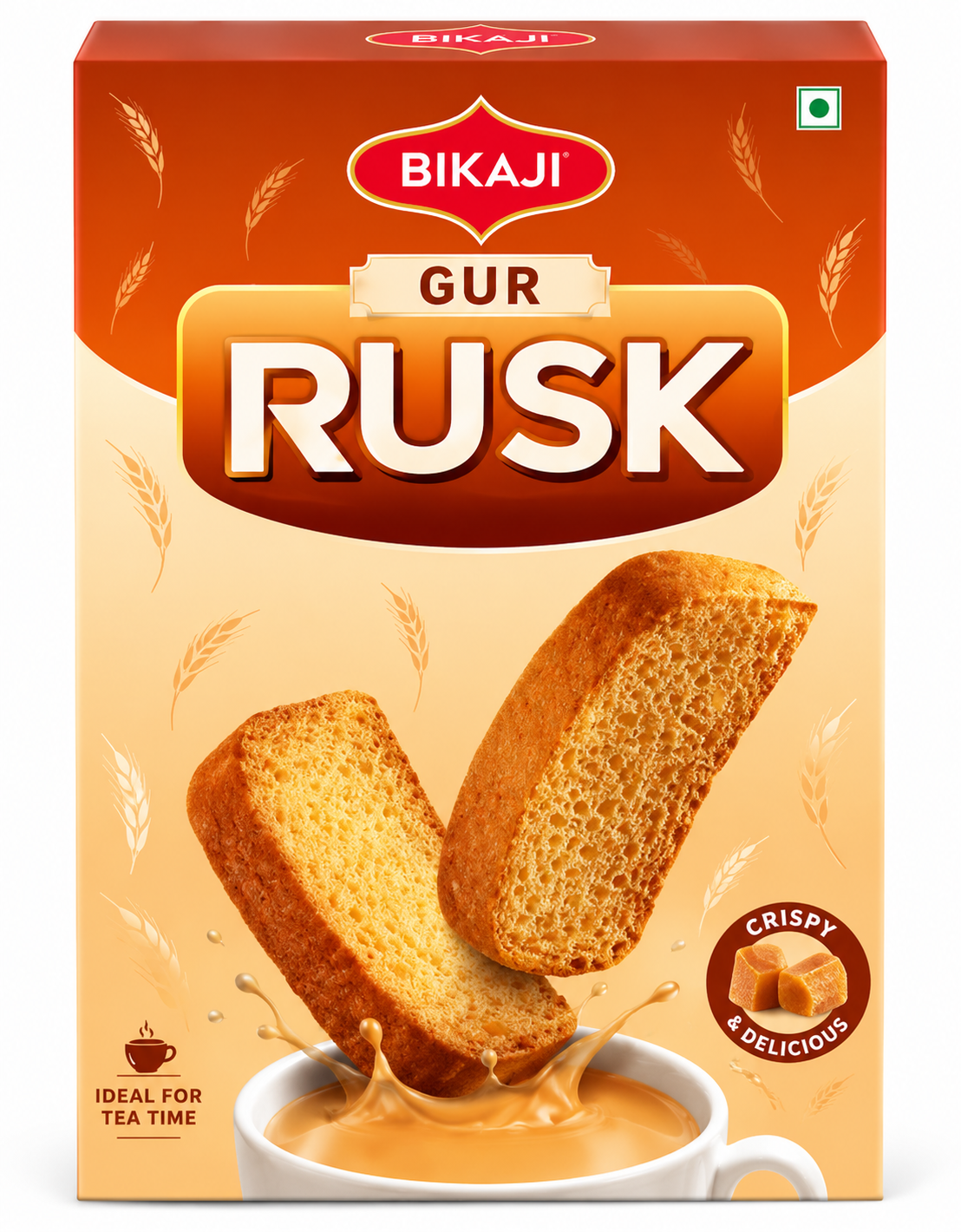 Bikaji Gur Rusk 600g pack with golden toasted rusks on orange and cream packaging.