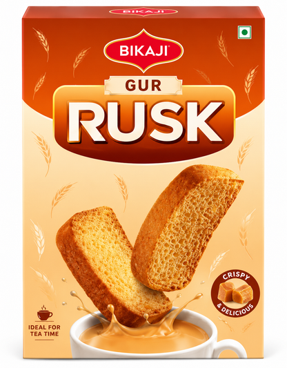 Bikaji Gur Rusk 600g pack with golden toasted rusks on orange and cream packaging.