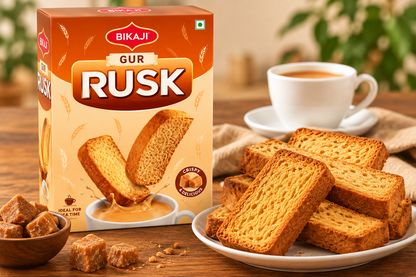 Bikaji Gur Rusk pack displayed with toasted rusk slices on a plate, a cup of tea and jaggery cubes on a wooden table.