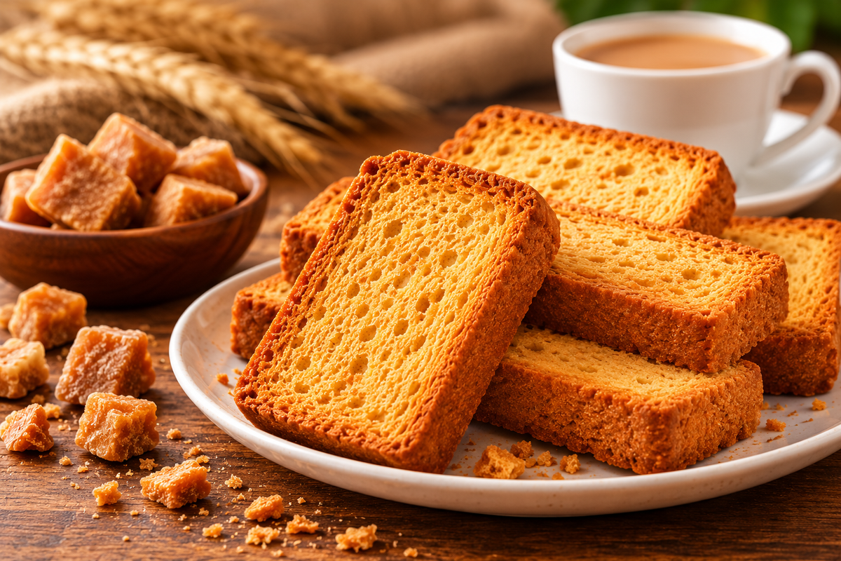 Golden-brown toasted rusk slices arranged on a plate with jaggery cubes and a cup of tea in a warm tea-time setting.