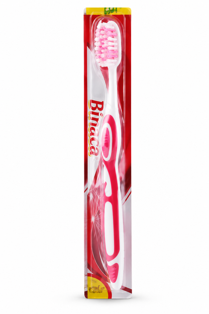 Binaca Soft Extra Clean Toothbrush in red and white plastic packaging with yellow accents, featuring a white toothbrush with pink bristles and a pink-and-white ergonomic handle against a clean white background.