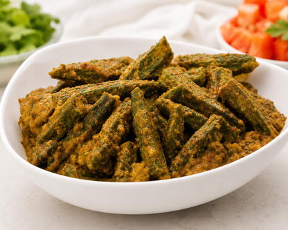A white bowl filled with cooked okra sticks in a thick orange-brown spice sauce, photographed on a light surface with blurred garnish dishes in the background.