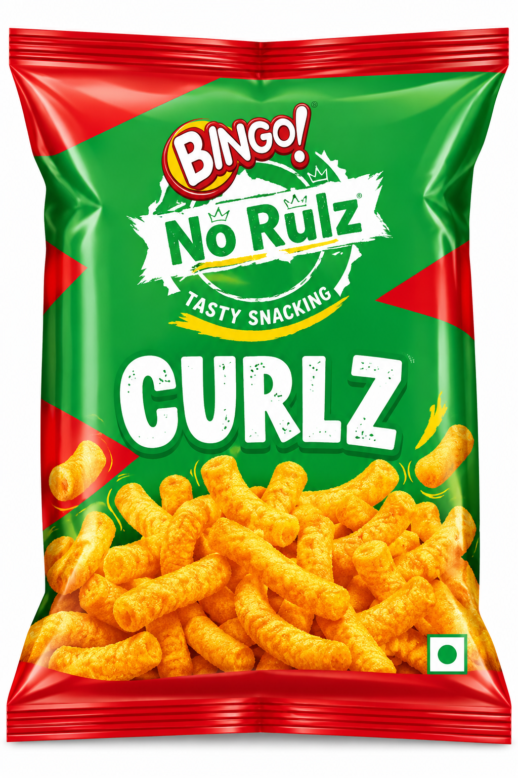 Bingo No Rulz Curlz Cheese 90g snack packet featuring green and red packaging, Bingo branding, and crunchy orange cheese-flavoured corn curls.
