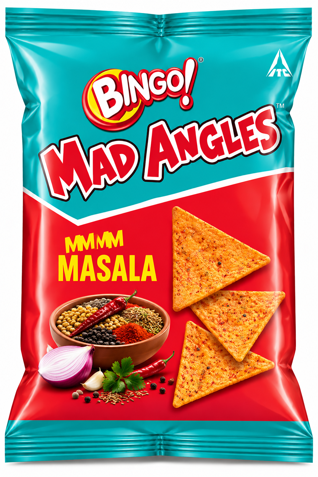 Bingo Mad Angles MMMM Masala 140g snack packet featuring teal and red packaging, Bingo branding, seasoned triangular crisps, red chillies, onion, garlic, coriander, and Indian masala spices.