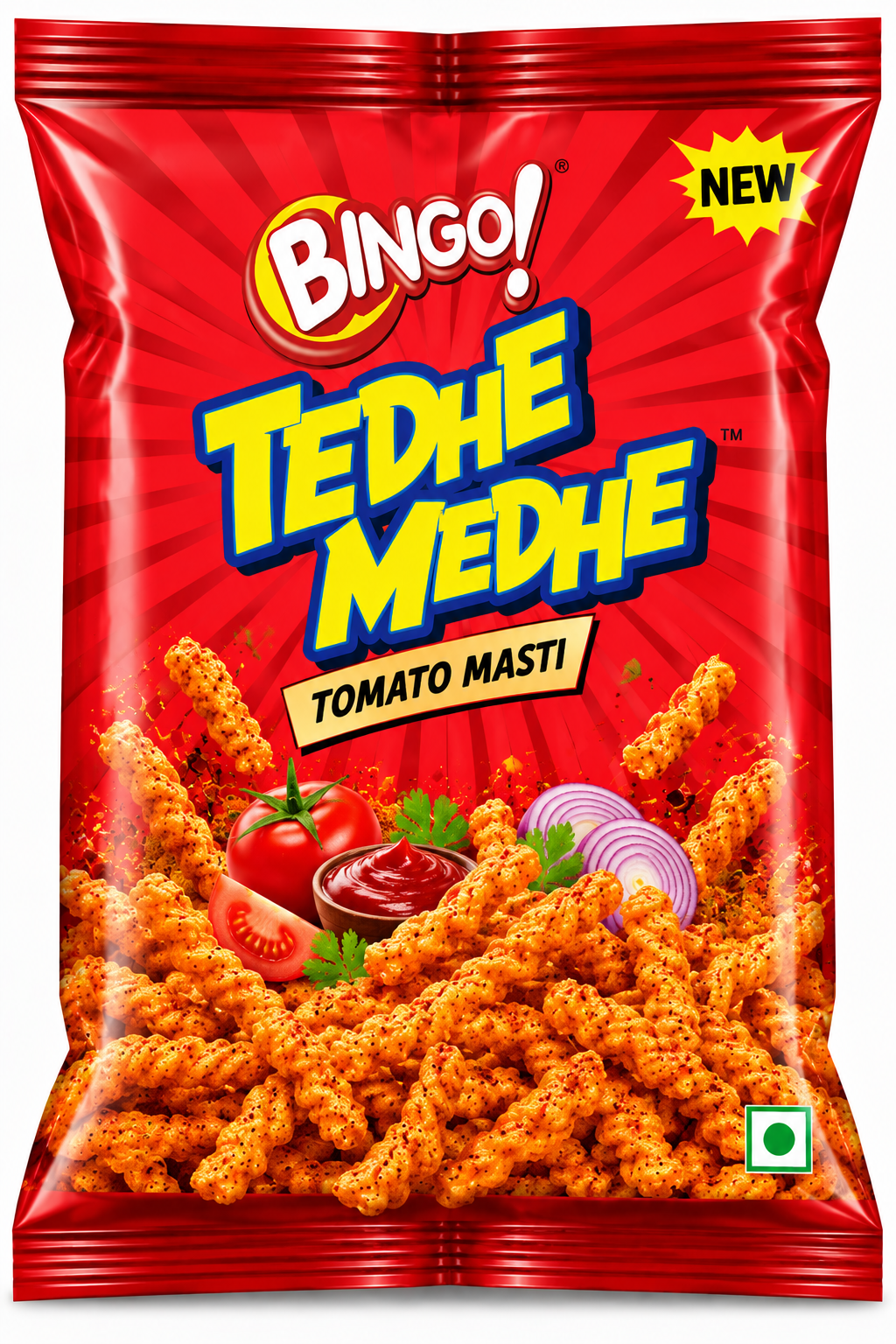 Bingo Tedhe Medhe Tomato Masti 140g snack packet featuring red packaging, Bingo branding, crunchy tomato-flavoured twisted snacks, fresh tomatoes, onion, tomato sauce, and spices.