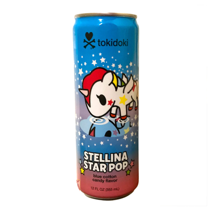 Tokidoki Stellina Star Pop Blue Cotton Candy Soda 12-Pack (355ml cans) featuring vibrant Tokidoki characters and offering a sweet, nostalgic cotton candy-flavored soda with light carbonation.