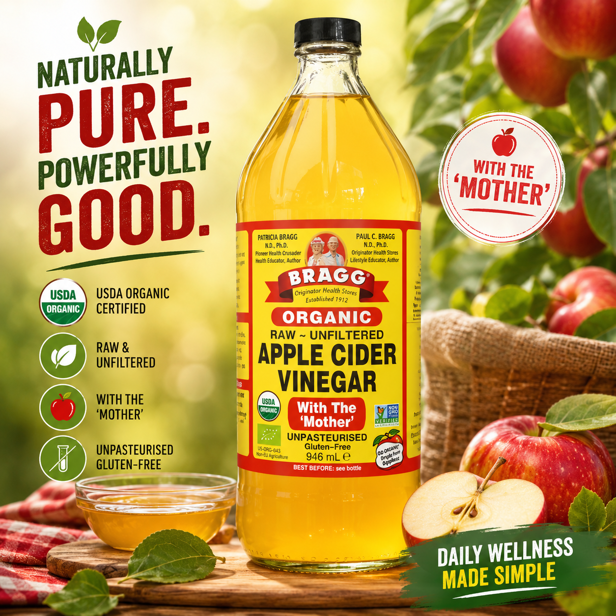 Premium lifestyle image of Bragg Organic Apple Cider Vinegar with fresh apples and a rustic wellness-inspired display, highlighting its raw, unfiltered goodness and natural health benefits.
