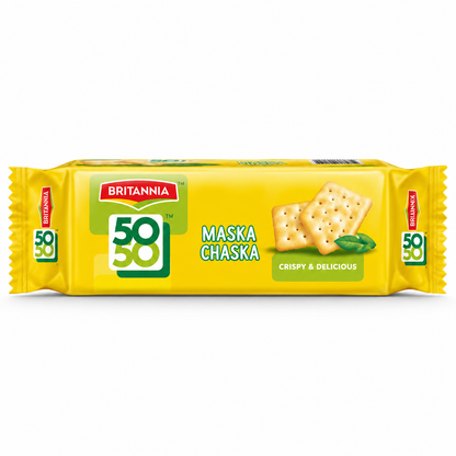 Britannia 50-50 Maska Chaska biscuits packet in yellow packaging on a clean white background.