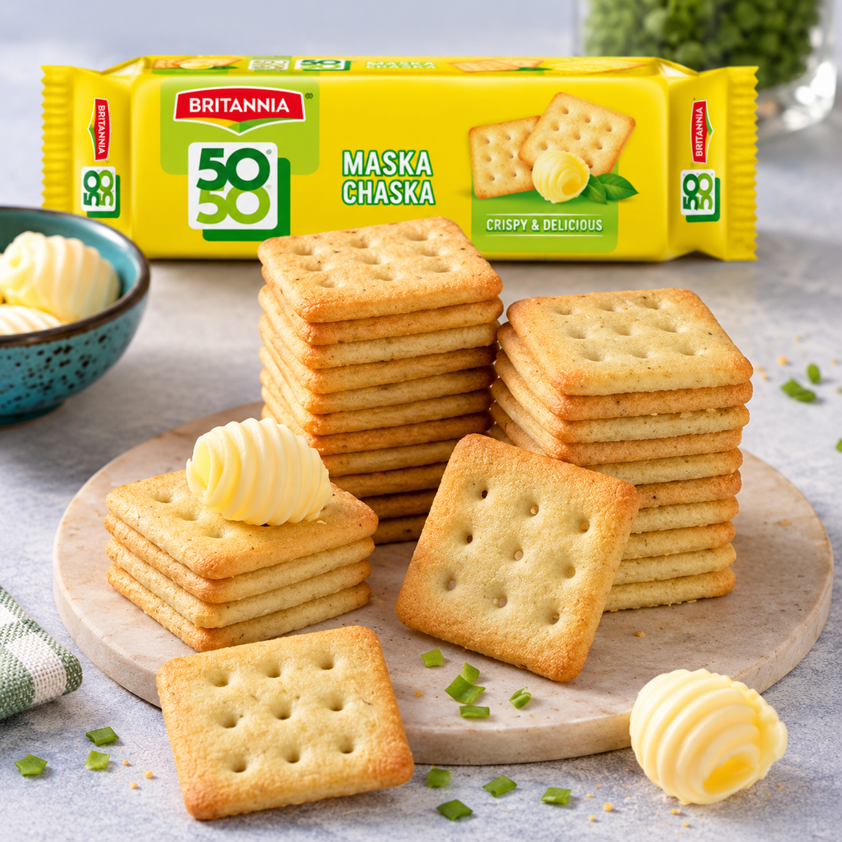 Britannia 50-50 Maska Chaska yellow packet with square, layered biscuits arranged on a plate with butter curls and herbs.