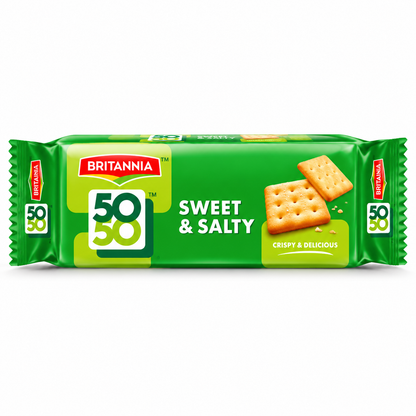 Britannia 50-50 Sweet & Salty Biscuits 62g packet on a clean white background.