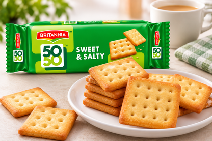 Britannia 50-50 Sweet & Salty Biscuits 62g pack with plain golden square biscuits served on a plate beside a cup of tea.
