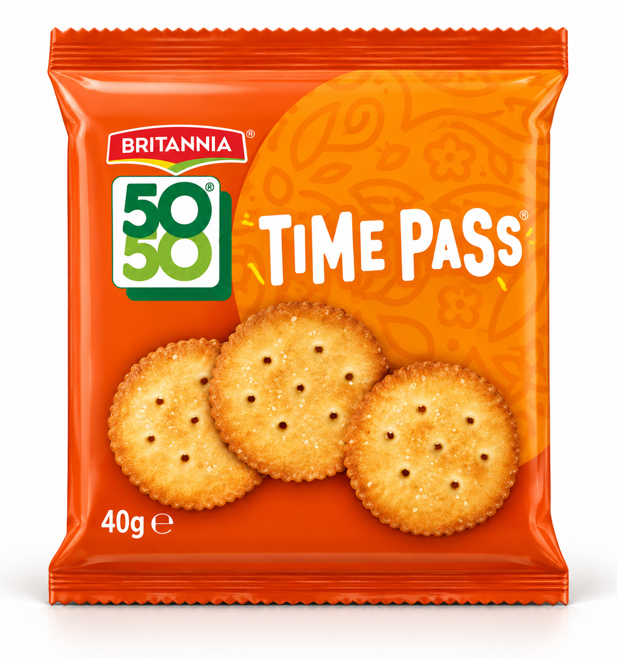 Britannia 50-50 Time Pass Biscuits 40g pack featuring three golden, crispy salted crackers in bright orange packaging.