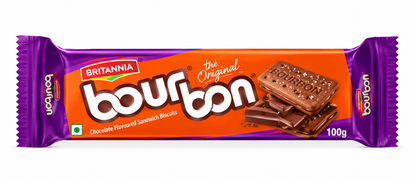 Britannia Bourbon Chocolate Flavoured Sandwich Biscuits 100g packet with orange and purple packaging and chocolate cream biscuits.