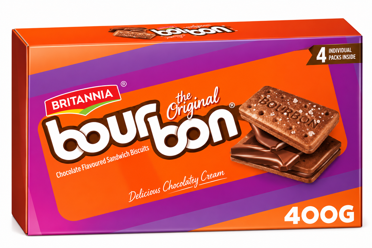 Britannia Bourbon Biscuits 400g orange and purple box featuring chocolate cream sandwich biscuits.