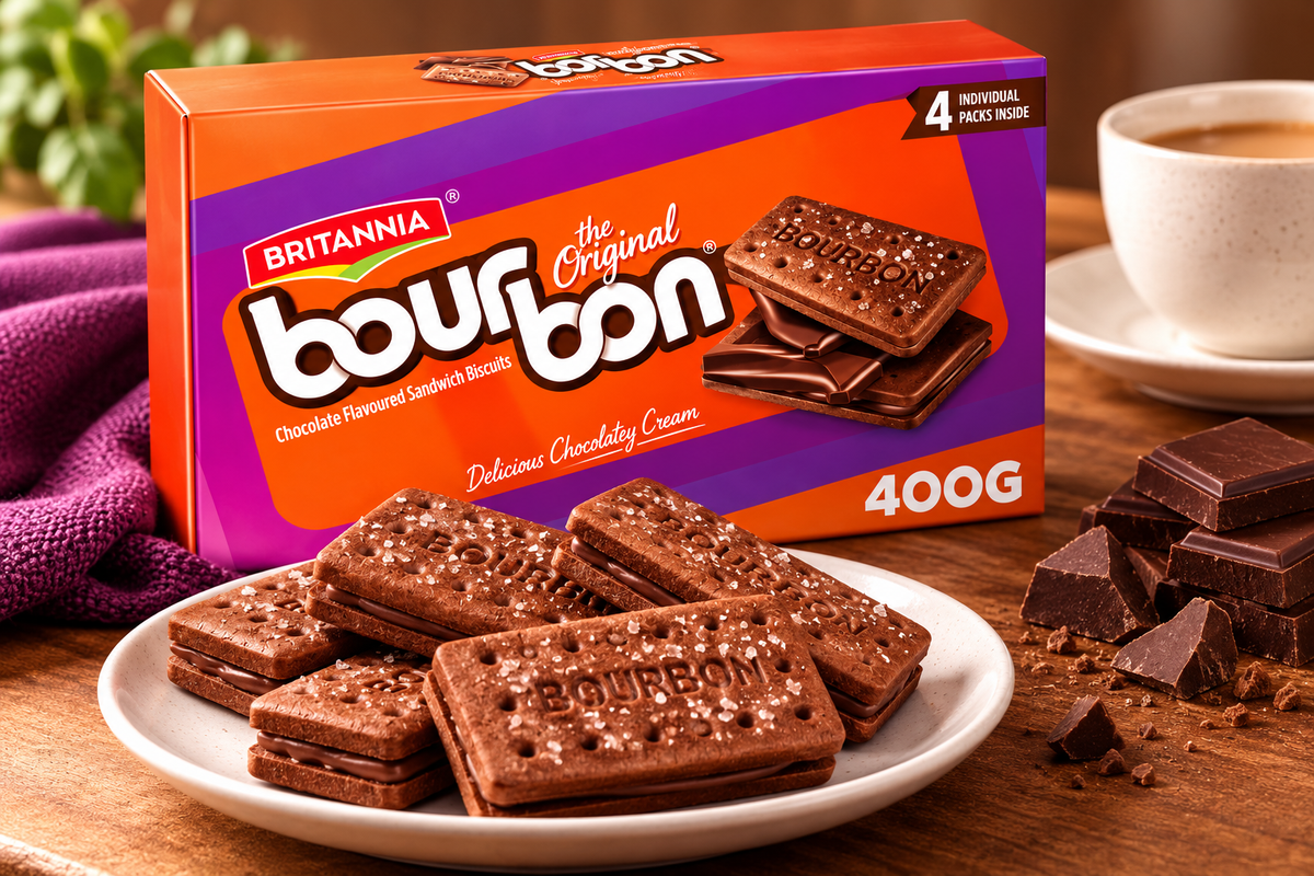 Britannia Bourbon Biscuits 400g pack with chocolate cream sandwich biscuits displayed on a plate alongside chocolate pieces and a cup of tea.