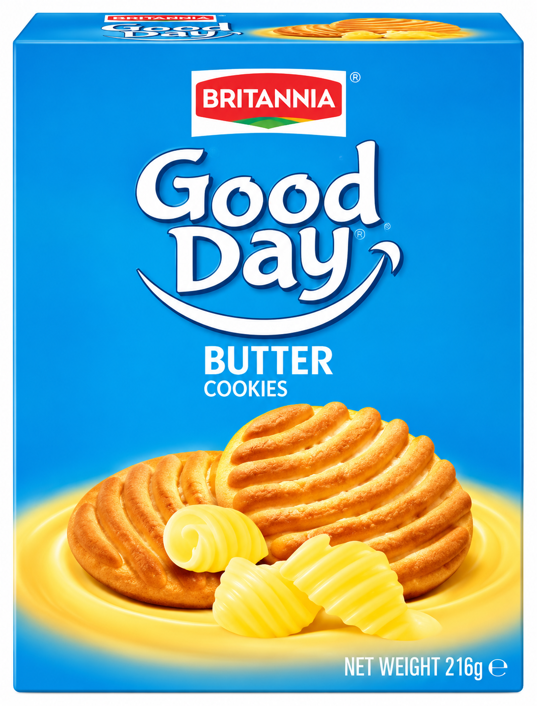 Britannia Good Day Butter Cookies 216g pack in blue packaging with golden butter biscuits.