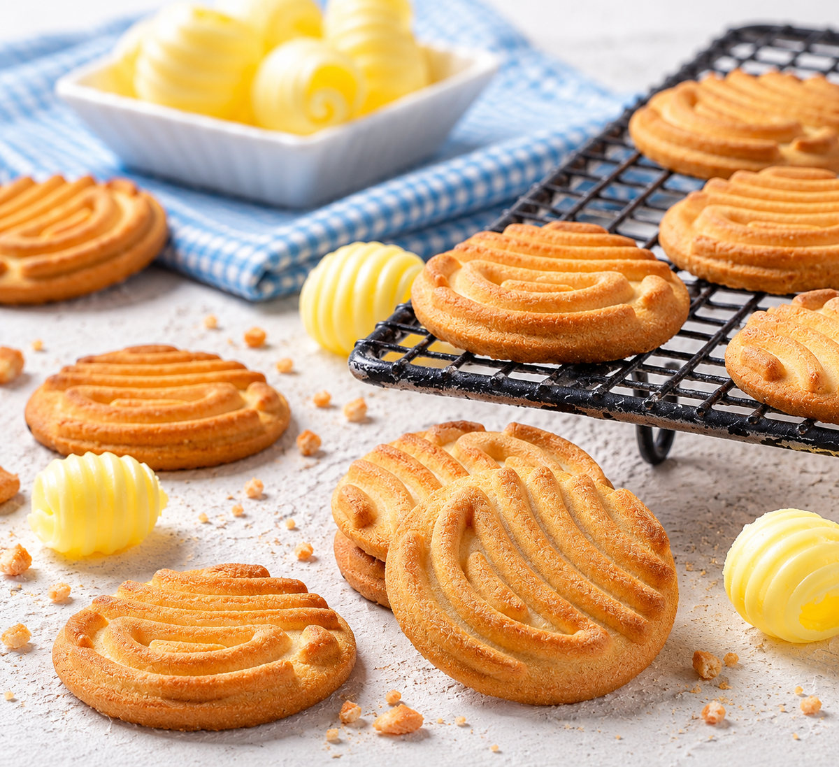 Golden, ridged butter cookies arranged on a cooling rack and tabletop with butter curls and blue gingham cloth.