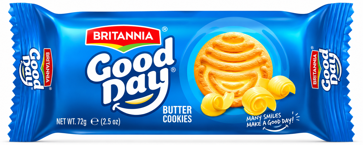 Britannia Good Day Butter Cookies 72g in blue packaging featuring a golden butter cookie and butter curls.