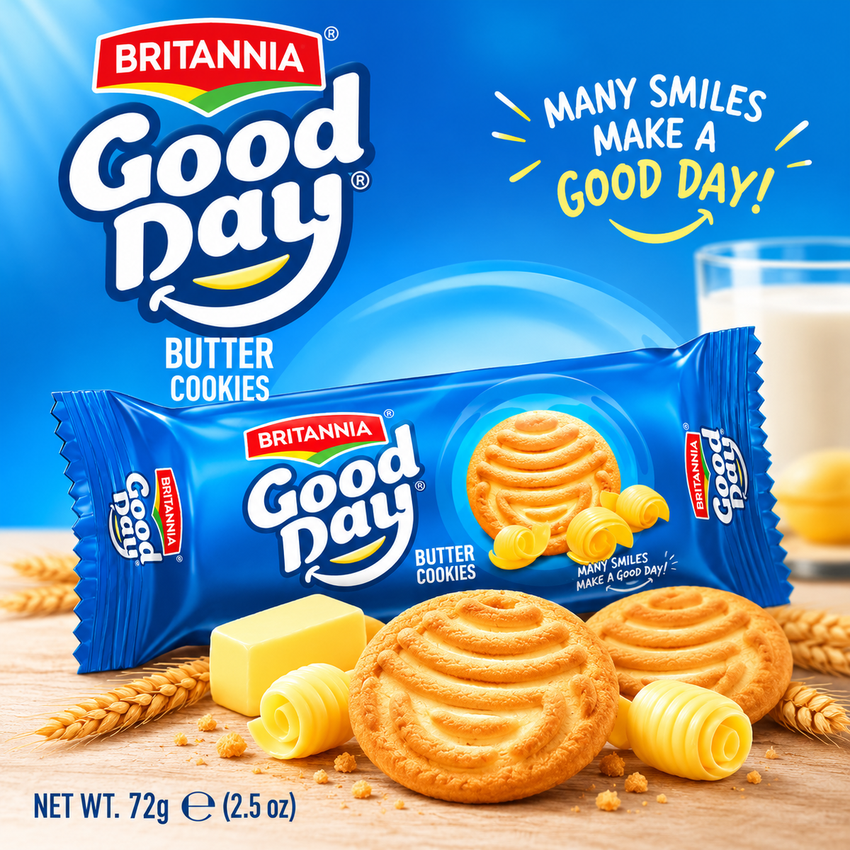 Britannia Good Day Butter Cookies 72g promotional image featuring the blue cookie pack, golden butter cookies, butter curls, wheat and a glass of milk against a bright blue background.