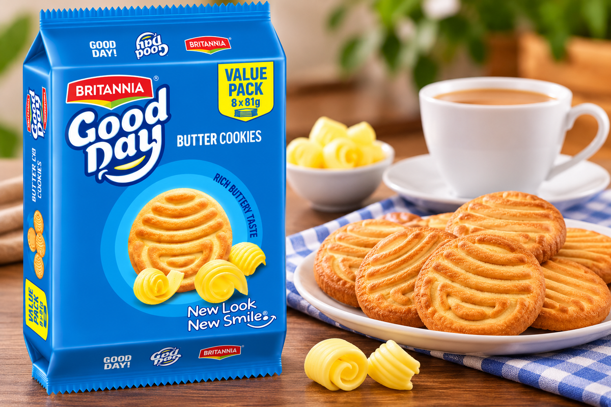 Britannia Good Day Butter Cookies Family Pack with golden butter cookies on a plate, a cup of tea and butter curls on a wooden table.