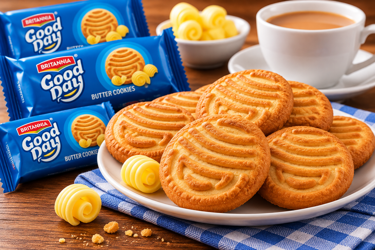Britannia Good Day Butter Cookies in blue packets with golden round cookies arranged on a white plate beside a cup of tea.