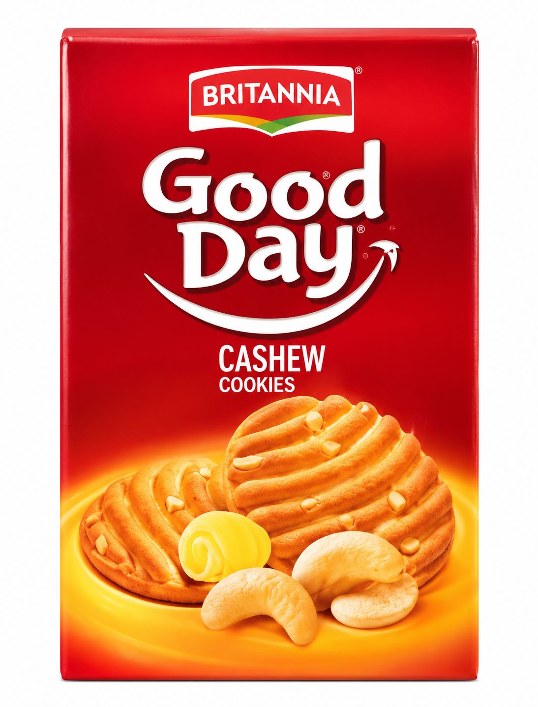 Britannia Good Day Cashew Cookies 216g pack in red-orange packaging featuring cashew cookies and cashew nuts.