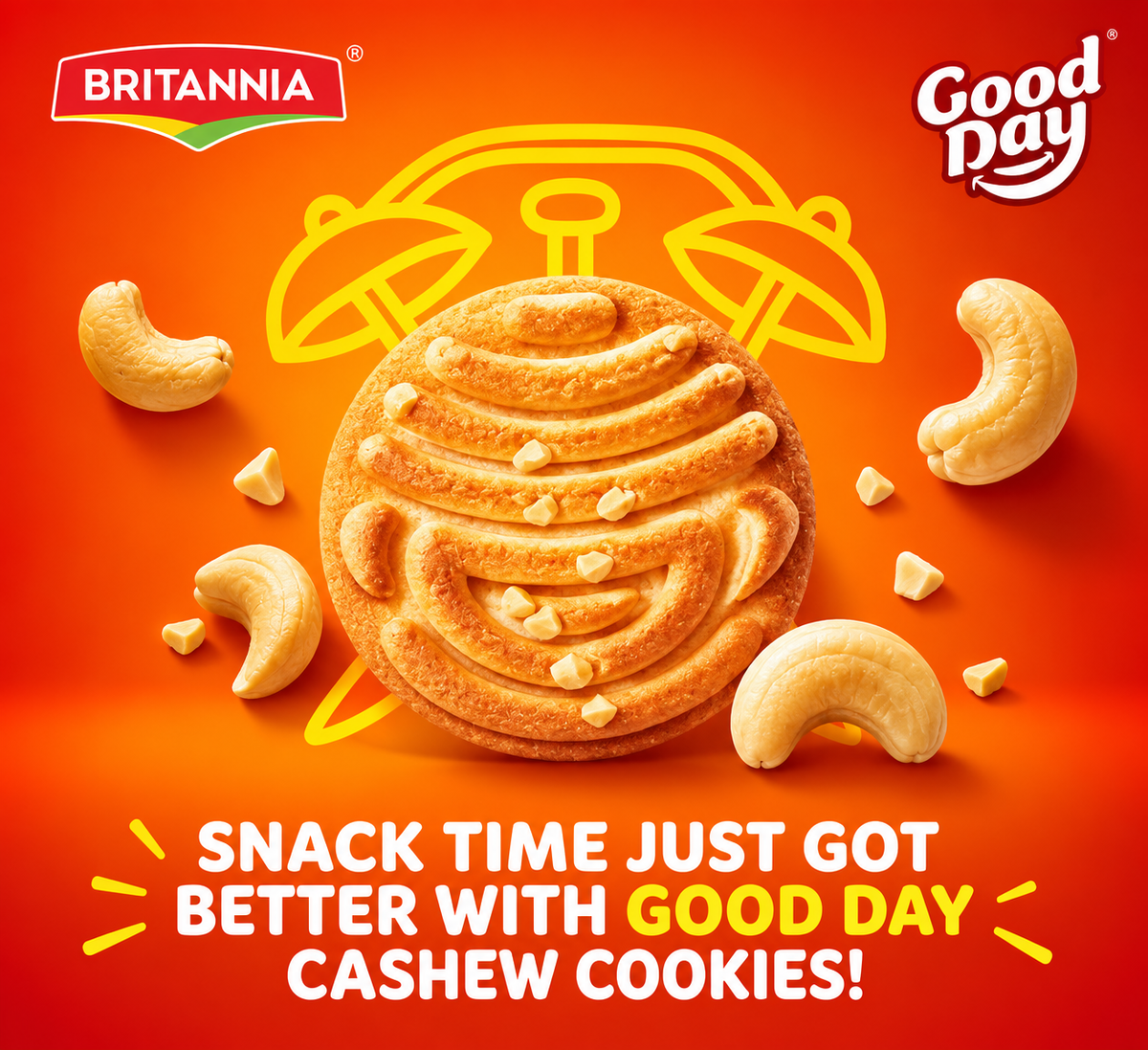 Britannia Good Day Cashew Cookies promotional graphic featuring a golden cashew cookie, cashew nuts and a bright orange-red background.