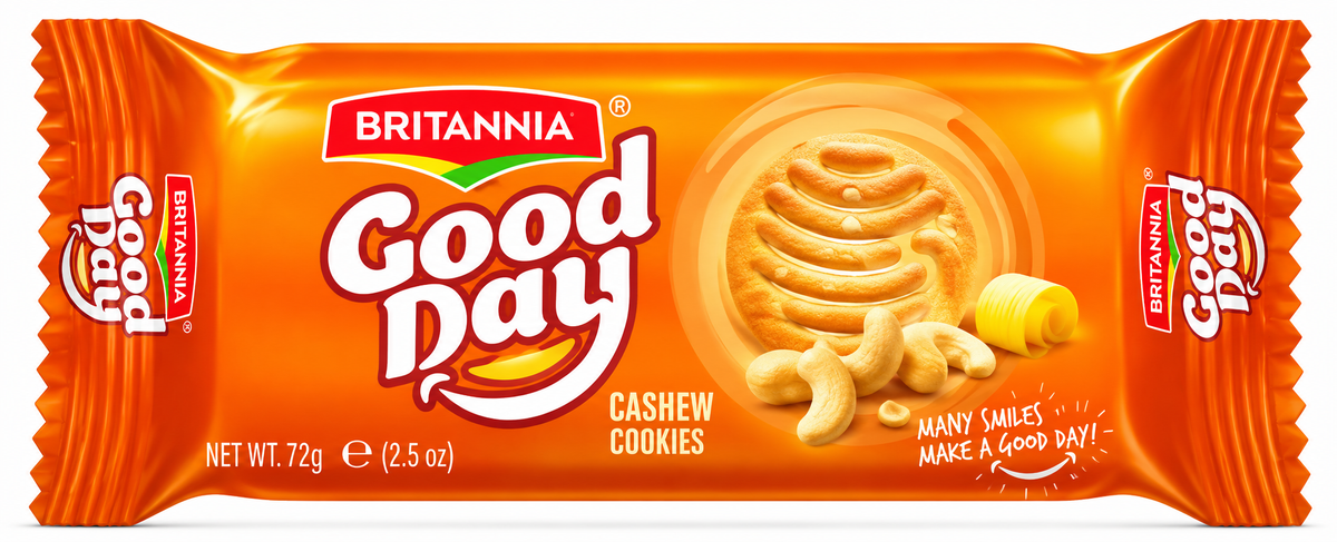 Britannia Good Day Cashew Cookies 72g orange packet featuring a golden cashew cookie and cashew nuts on a white background.