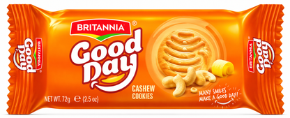 Britannia Good Day Cashew Cookies 72g orange packet featuring a golden cashew cookie and cashew nuts on a white background.