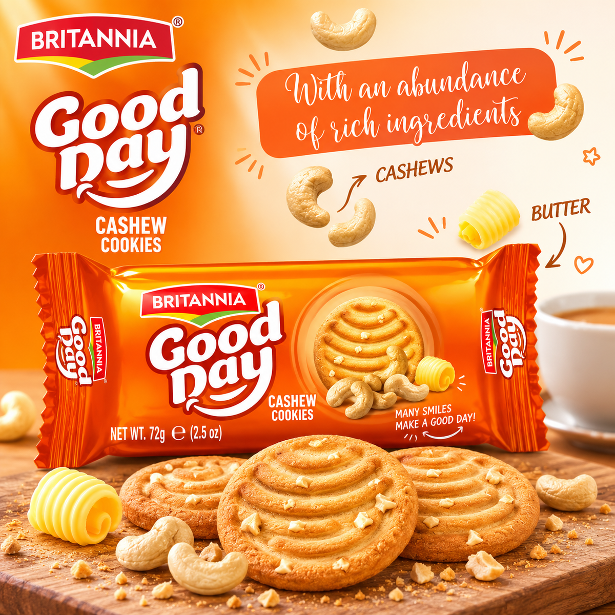 Britannia Good Day Cashew Cookies promotional image featuring the orange 72g packet, golden cookies, cashew nuts and butter curls against a warm orange and cream background.