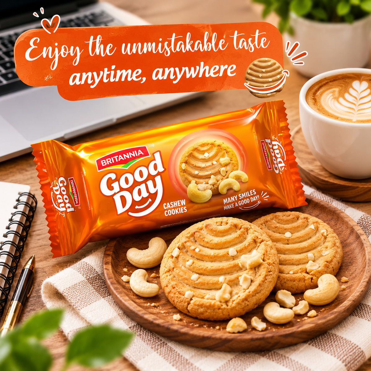 Britannia Good Day Cashew Cookies 72g packet with golden cashew cookies, cashew nuts and a cup of coffee arranged on a wooden board for a cosy snack-time setting.