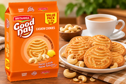 Britannia Good Day Cashew Cookies with Golden Cookies on a Plate, Cashew Nuts and a Cup of Tea