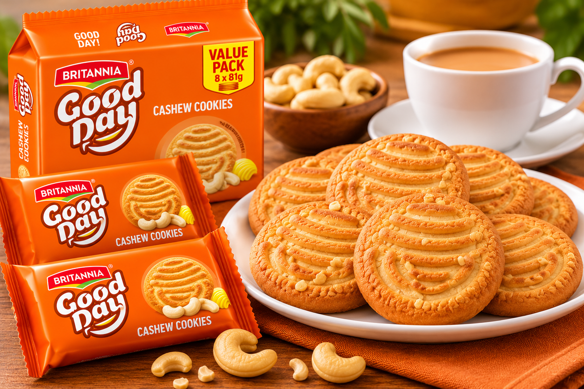Britannia Good Day Cashew Cookies with Individual Orange Packets, Golden Cashew Cookies on a Plate and Cashew Nuts