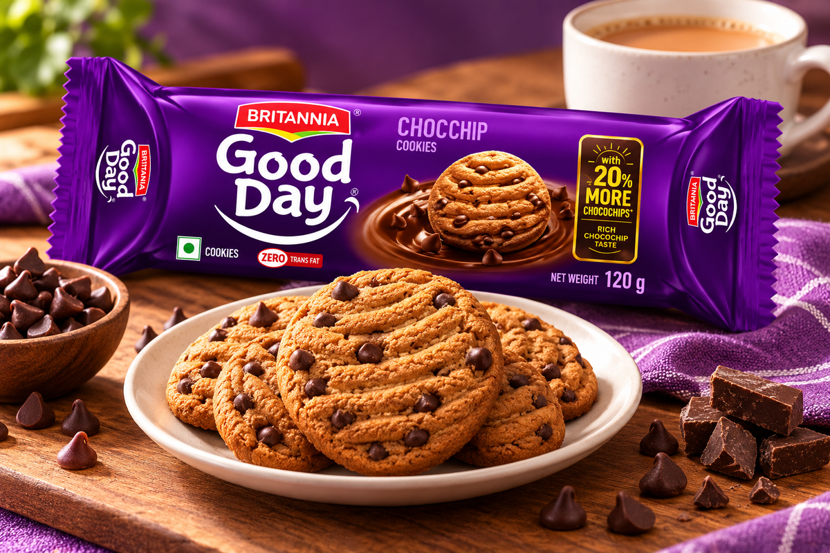 Britannia Good Day Chocochip Cookies featuring chocolate chip cookies with branded purple packaging.
