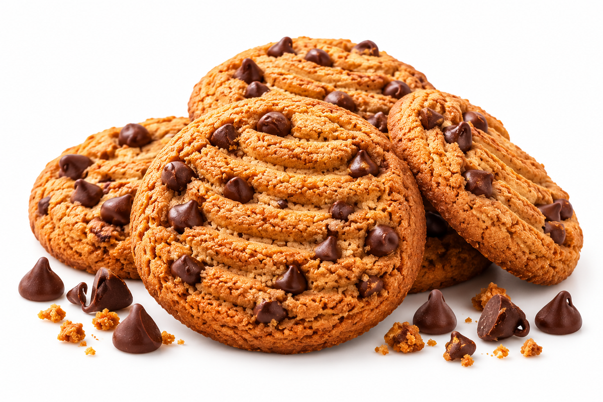 Golden-brown chocolate chip cookies stacked together with rich chocolate chips and scattered crumbs on a clean white background.