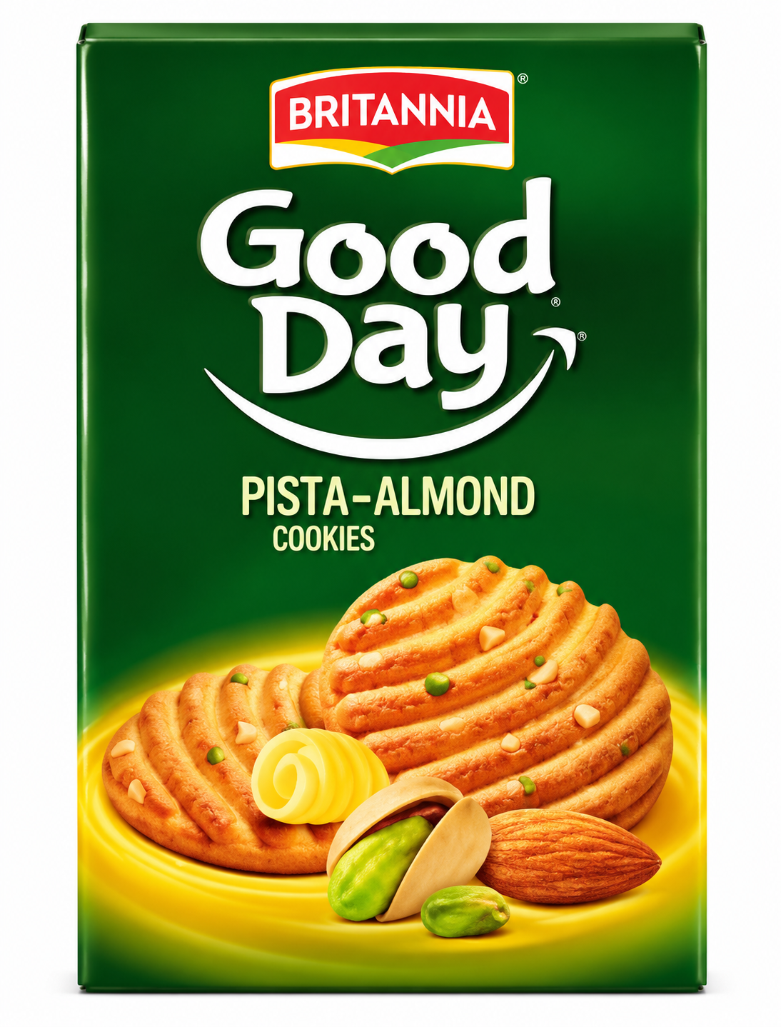 Britannia Good Day Pista Badam Cookies 216g pack displayed with golden cookies, a glass of milk, pistachios and almonds on a tabletop.
