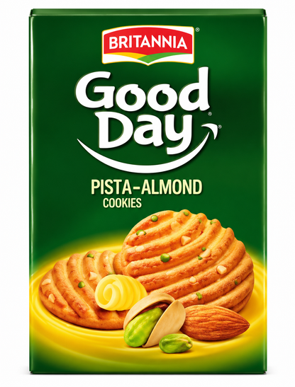 Britannia Good Day Pista Badam Cookies 216g pack displayed with golden cookies, a glass of milk, pistachios and almonds on a tabletop.