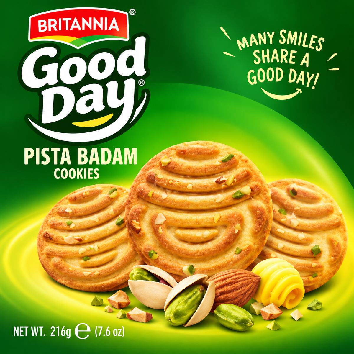 Britannia Good Day Pista Badam Cookies promotional graphic featuring golden nut cookies, pistachios and almonds on a bright green background.